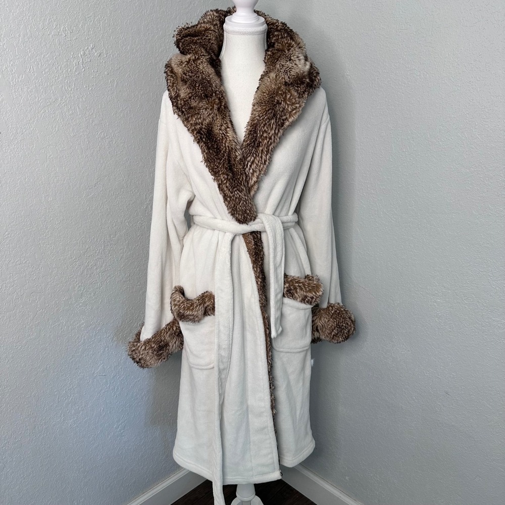 Potterybarn Womens Cream Fleece Hooded Robe Faux Fur Trim‎ Medium